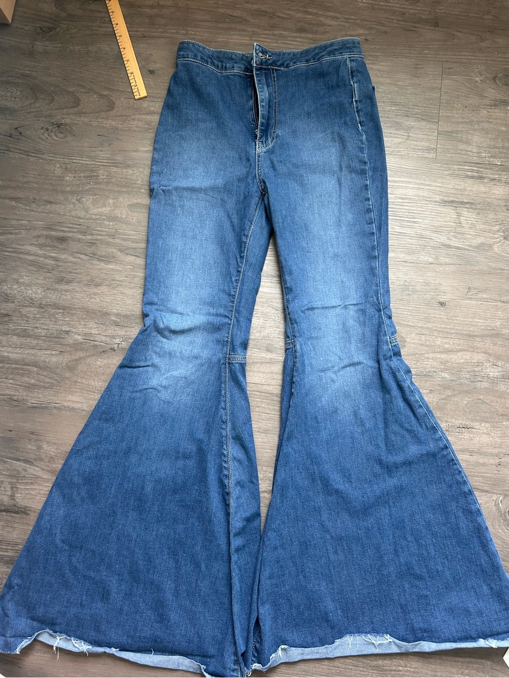 Free People Mid-Blue High-Rise Flared Wide-Leg Jeans